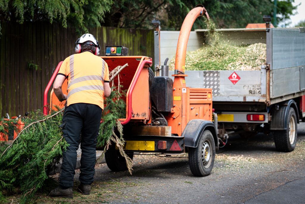 Male Arborist using a working wood chipper machineThe tree surg - A Robinson Landscaping Services Tree removal