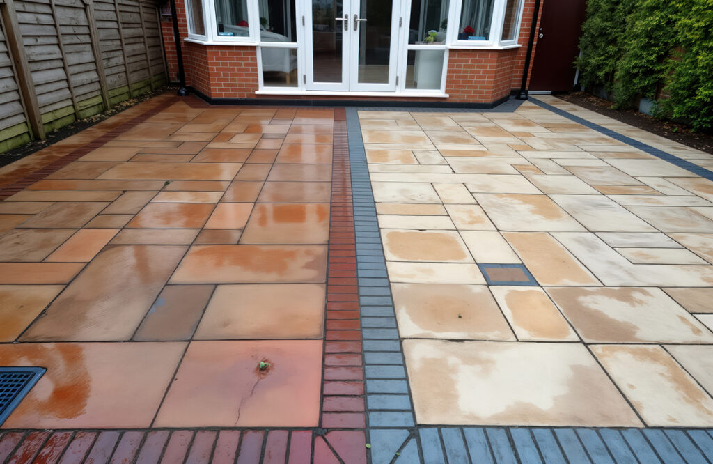 Patio paving slabs show contrast between dirty clean states Pressure washing transforms dingy brownish-orange surface to light beige Cleaning job different shades of stone Clean dirty slabs - A Robinson Landscaping Services